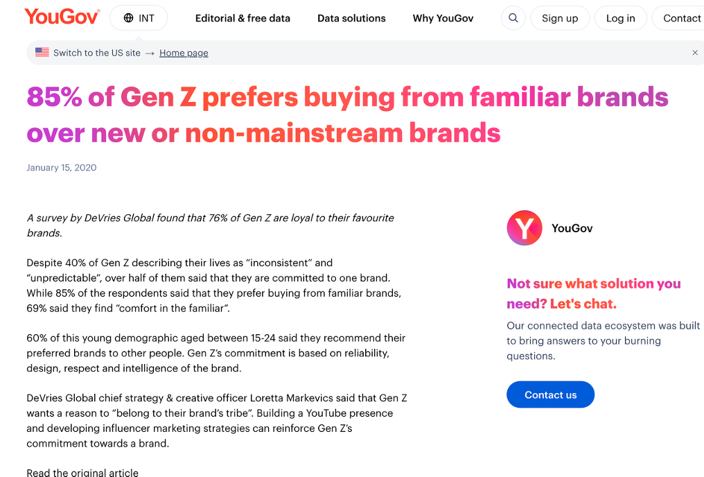 YouGov article quoting Loretta Markevics on Gen Z brand loyalty