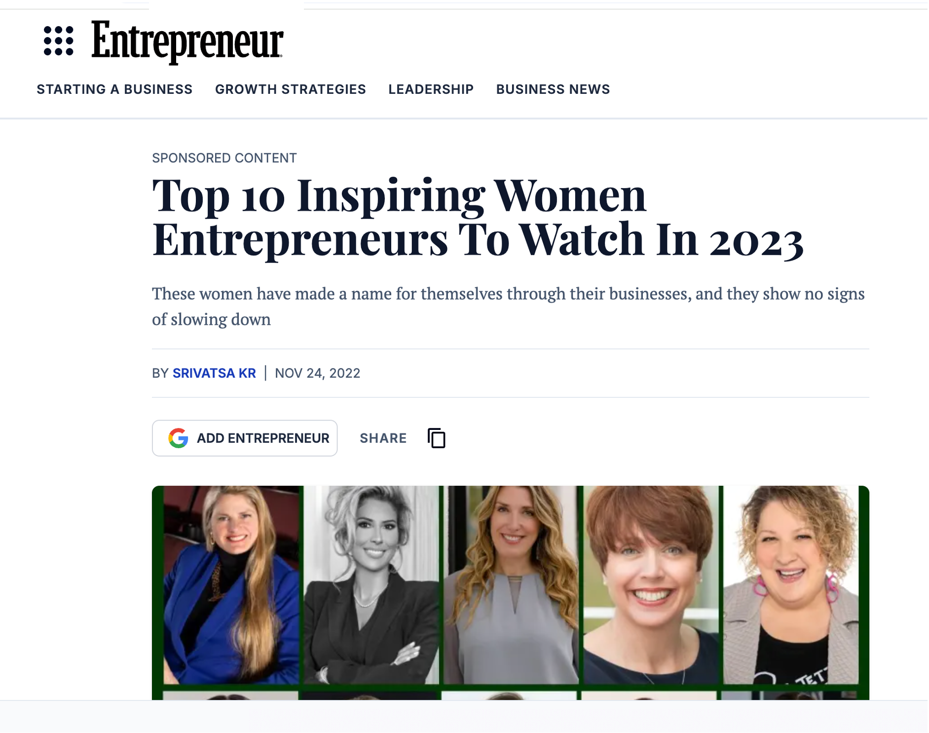 Entrepreneur magazine feature: Top 10 Inspiring Women Entrepreneurs To Watch In 2023